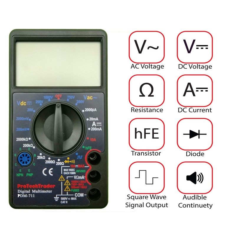 Large Screen Multimeter - Volts Ohms Amps Transistor (hFE) Square