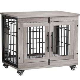 Lulive Small Dog Crate Furniture, Dog Kennel Indoor Double Doors Wooden Dog Cage, 27.1'' Heavy Duty Dog Crate with Cushion & Wheels, Decorative End Table Pet House Chew-Resistant for Small Dogs, Grey