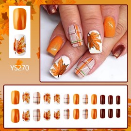 Thanksgiving Press on Nails Short Square Fake Nails Fall false Nails Press ons with Design Maple Leaf Stick on Nails Orange Glossy Full Cover Acrylic Autumn Glue on Nail for Women Manicure 24Pcs
