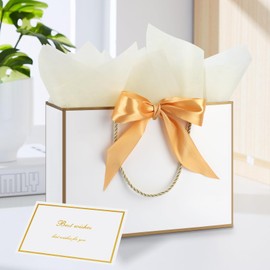 GHVACZS Pack of 4 Gift Bags, Gift Bag with Ribbons + Greeting Cards + Handkerchiefs, Gift Bag, Suitable for Birthdays, Weddings, Celebrations (White Gold)