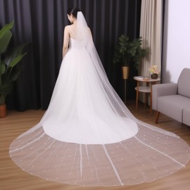 Xiomot Pearl Bride Veil 1 Tier White Long Chapel 90'' Length Wedding Bridal Tulle Veil with Comb for Women Wedding Bridal Shower Engagement Bachelorette Party