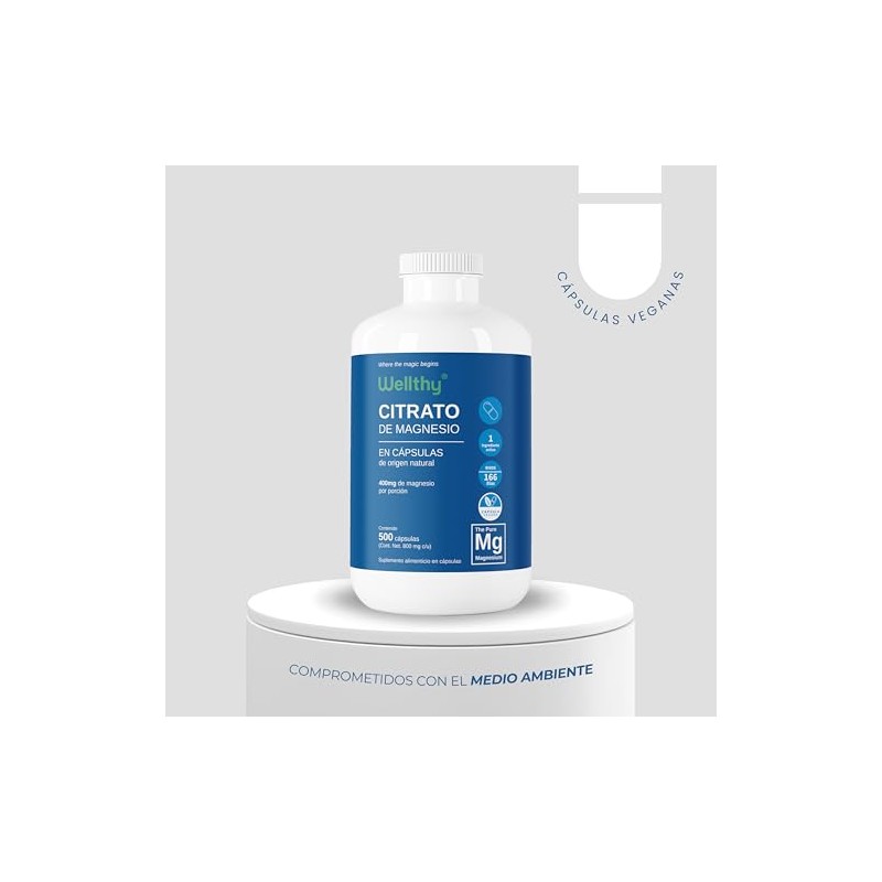 Wellthy Citrato de Magnesio Premium 500 Cápsulas 400mg. 100% Natural,