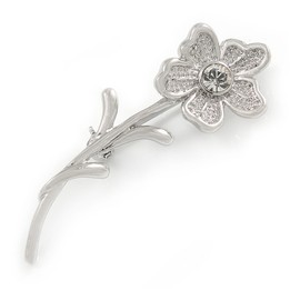 Rhodium Plated Clear Crystal Daisy Flower Brooch - 45mm L