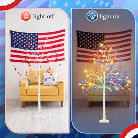 Blosssound 4 FT 4th of July Decorations Patriotic Lighted Tree with 48 LED Red White Blue Star Lights Artificial Birch Tree for July 4th Indoor Outdoor Independence Day Memorial Day Home Party Decor