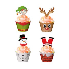 Christmas Cupcake Toppers and Wrappers 72 Pcs Xmas Party Supplies Favors, Snowman Santa Claus Reindeer Elf Funny Cupcake Topper for Baby Shower Birthday Graduation Wedding Party Decorations