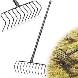 Garden Rake, Heavy Duty 11 Tines Metal Thatch Rake for Gathering Hay Dead Grass Brush Pine Needles Leaves, 72" Long Handle Large Yard Rakes for Lawns Standing Effortless Collecting Cleaning