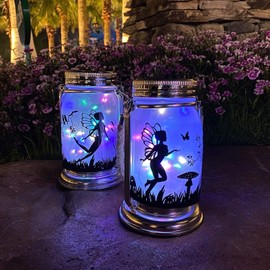 2 Pack Solar Fairy Lantern for Garden Decorations -Mothers Day Gifts for Mom Women Grandma Birthday Outdoor Ornaments Decorations Hanging Lamp Frosted Glass Jar with Stake for Yard Patio Lawn