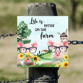 DecStic Life is Better on The Farm Pig Wood Signs Classic Farm Harvest Wall Plaque Autumn Harvest Wall Sign Wood Decor Farmhouse Wall Hanging Plaque for Bedroom Living Room Office Home Wall 12x12in