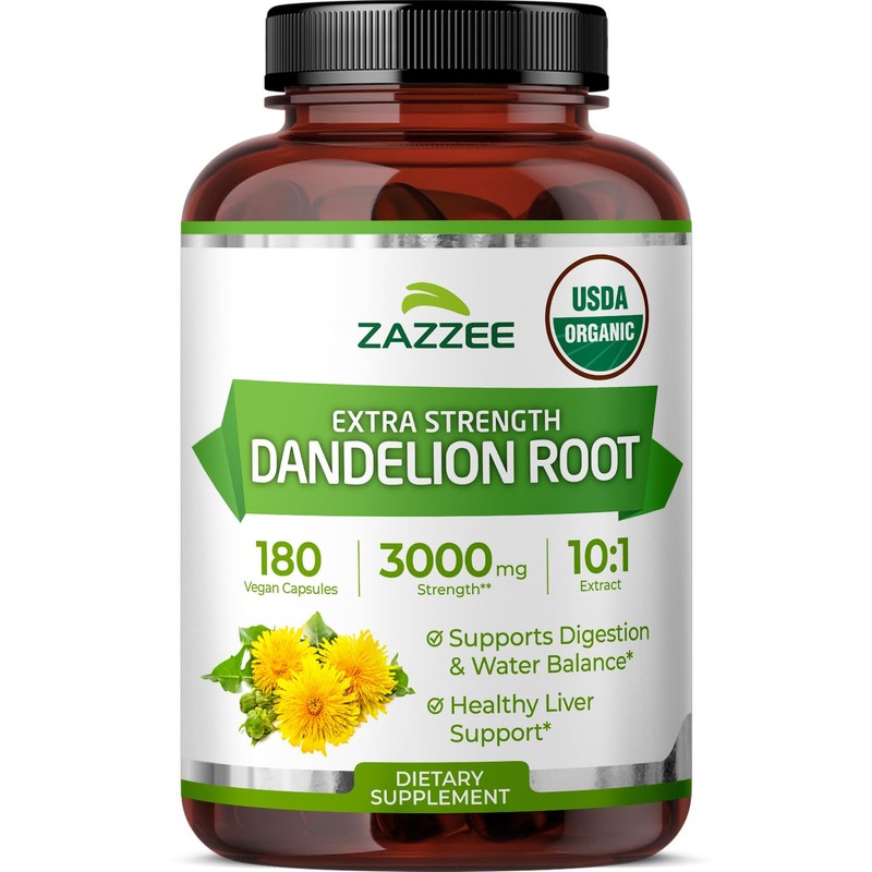 Zazzee USDA Organic Dandelion Root 10:1 Extract, 180 Capsules, 6