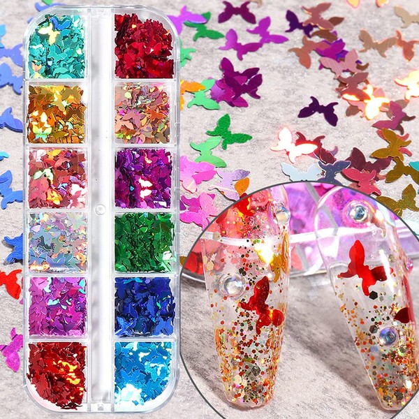 Butterfly Nail Glitters Set,Laser Butterfly Nail Art Supplies 12 Colors Holographic Butterfly Nail Decals Colorful Flakes Design Nail Art Sticker Acrylic Nail Butterfly Tips Charms Manicure Decoration