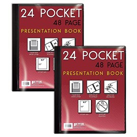 24 Pocket Bound Presentation Book, Black, Clear View Front Cover, 48 Sheet Protector Pages, 8.5" x 11" Sheets, by Better Office Products, Art Portfolio, Durable Poly Covers, Letter Size (2 Pack)