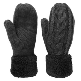 KMystic Plush Lined Cuffed Winter Knit Mittens (Black), One Size