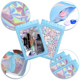 100 Pack Holographic Bags, Smell Proof Packaging Bags, Clear Window Resealable Odor Foil Pouch Mylar Bag for Food Storage and Lipgloss, Jewelry Lash (Blue, 3 x 4.7 Inch)