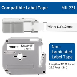 M-K231 Compatible with Brother P-Touch M Tape PT-M95 MK231 M231 12mm 0.47Inch label Maker Tape for Brother PTM95 PT-70 PT-90 PT-65 PT85, Black on White, 1/2'' x 26.2', 4-Pack