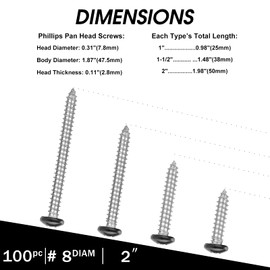 Black Head 100 PCS #8x2" Stainless Steel Phillips Pan Head Wood Screws,Stainless Steel 18-8 A2(304) Screw,Home Screw Kit by QISHENG