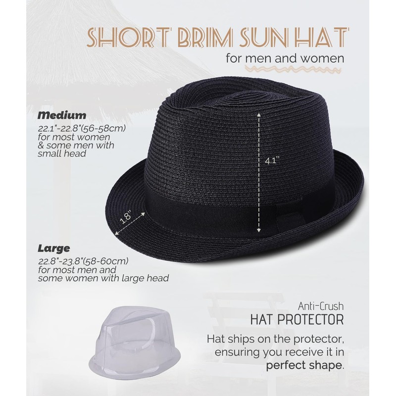 Straw Fedora Sun Hat for Women Men Short Brim Panama