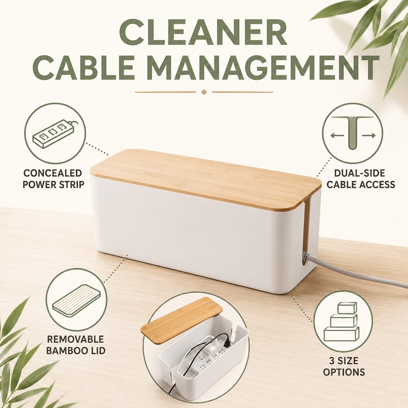 XL Cable Management Box with Wooden Lid, Large Power Strip