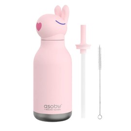 Asobu Bestie Bunny Children's Drinking Bottle with Straw - Insulated Stainless Steel Bottle 420 ml with Rabbit Head - Leak-proof & BPA Free