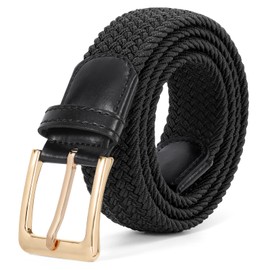 JASGOOD Braided Woven Elastic Stretch Belt for Men Women Web Casual Belt for Pants Jeans,Black/Gold Buckle
