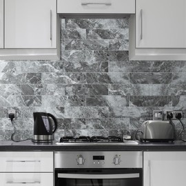 AULIGET 40-Piece Polished Grey Marble with Silver Peel and Stick Backsplash Wall Tiles, 3" x 12" PVC Faux Stone Stick on Tiles for Backsplash Kitchen, Bathroom, Laundry Room, Camper, Fireplace