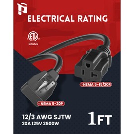 PLUGTUL 20Amp Extension Cord 1 FT, NEMA 5-20P to NEMA 5-15/20R Extension Cord, 12 Gauge, 125V 20A 2500W, SJTW, Black, ETL Listed