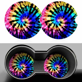 Rainbow Tie Dye Pattern 2 Pack Car Cup Holder Coaster Anti Slip Insert Absorbent Ceramic Car Coaster with Cork Base and Finger Notch Cute Car Accessories Interior for Women Men
