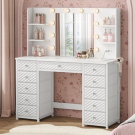 HAUOMS Vanity with Lights and Mirror, 11 Drawer Makeup Vanity with Power Strip, 6 Open Shelves, 43.3” Vanity Desk with Storage, Dressing Table with 3 Color Modes for Bedroom, Women, Girls (White)