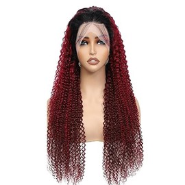 Lakaisa Kinky Curly Wig Human Hair Wig Women's Real Hair 1B/99J Tow Tone Wig Natural Brazilian Remy Hair 13 x 1 HD Lace Wig 180% Density No Smell No Tangle for Women 18 Inches
