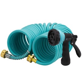 AUTOMAN EVA Recoil Garden Hose 25ft - Includes 7 Pattern Spray Nozzle,Curly Water Hose 25 Foot,Watering Hose Coil,Retractable,Corrosion Resistant Garden Coil Hose.Blue