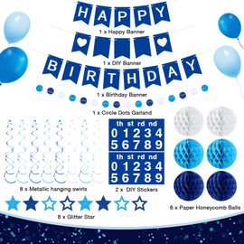 Dispowreath DIY Happy Birthday Party Decorations Pack Reusable Happy Birthday Banner with 6 Honeycomb Balls 8 Hanging Swirl Streamers 8 Glitter Stars and Circle Garland for Birthday(Blue White)