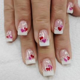 24Pcs Valentine's Day Press on Nails Short French Tip Fake Nails Square Shaped Glitter Love Design Manicure Salon for Nail Art Glue on Nails Romantic Heart False Nails for Women Girls Acrylic Nails