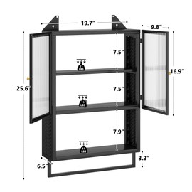 soges Slim Bathroom Storage Cabinet with Towel Rack, Wall-Mounted, 3-Tier Storage Shelves, Textured Glass Doors, Iron Metal, Black