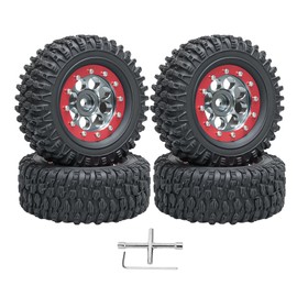 4PCS 1.3" Beadlock Wheel Tires Set 1.3inch Aluminum Beadlock Wheel Hub ＆ 65mm/2.56inch Colored Rubber Crawler Tires for 1/18 TRX4M 1/24 SCX24 FCX24 RC Crawler Car (black tires + red wheel hub)