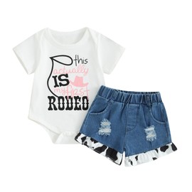 Western Baby Girl Summer Clothes This Actually is My First Rodeo Romper Cow Print Denim Shorts Set Cowgirl Outfits (White, 9-12 Months)