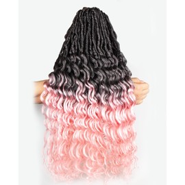 Goddess Faux Locs Crochet Hair - 24 Inches 8 Packs 112 Strands Pre Looped Ombre Black to Pink Synthetic Hair Extensions, Soft Goddess Locs Braids with Long Deep Wave Curly Ends(24"-8 Packs,T1B/Pink)