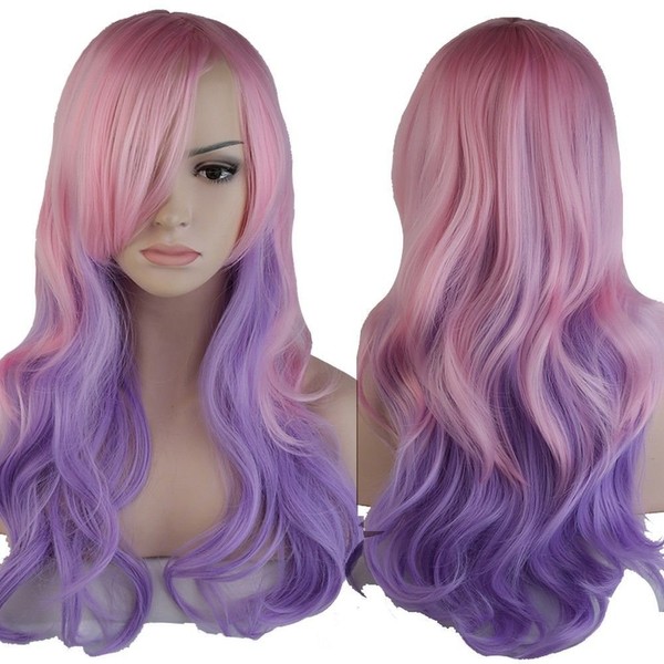 Long Wavy Ombre Cosplay Full Hair Wigs Women Anime Costume Party Dress Heat Reisistant Synthetic Curly Wig With Bangs Pastel Pink Purple 24"/60cm