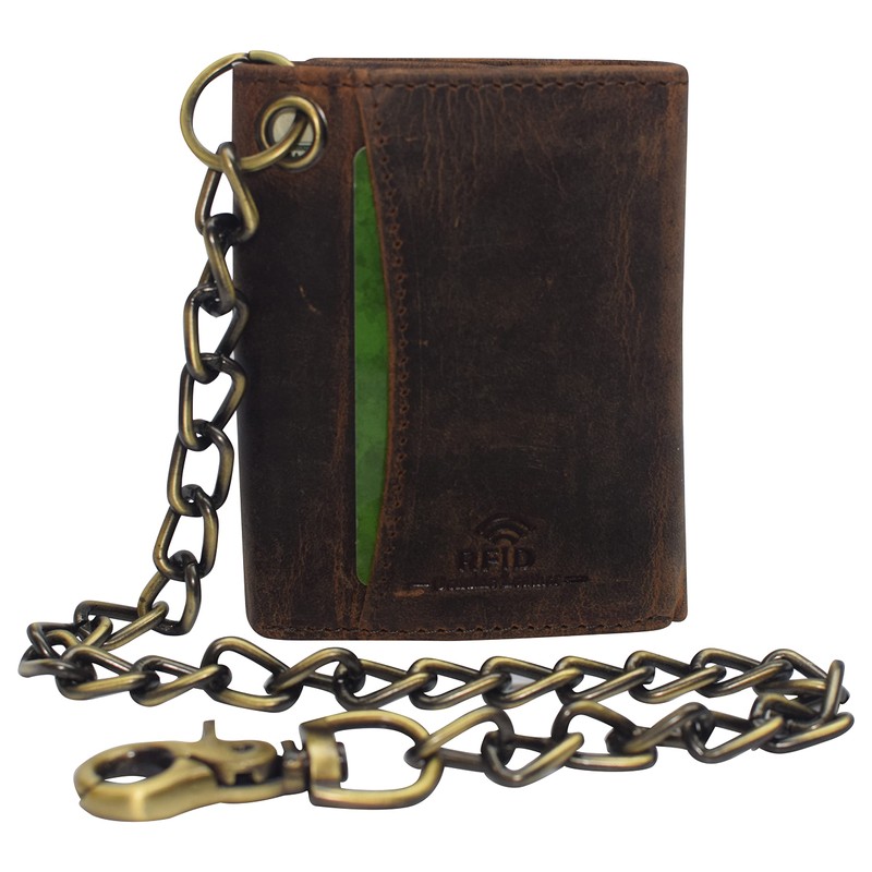 Men's RFID Blocking Trifold Vintage Leather Biker Chain Wallet With