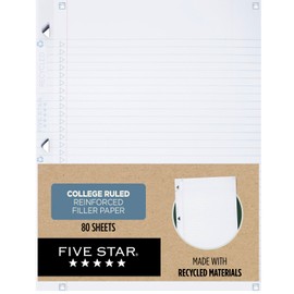 Five Star Loose Leaf Paper + Study App, Recycled Notebook Paper, College Ruled Paper, 8-1/2" x 11", 80 Sheets, Reinforced Filler Paper (170023)