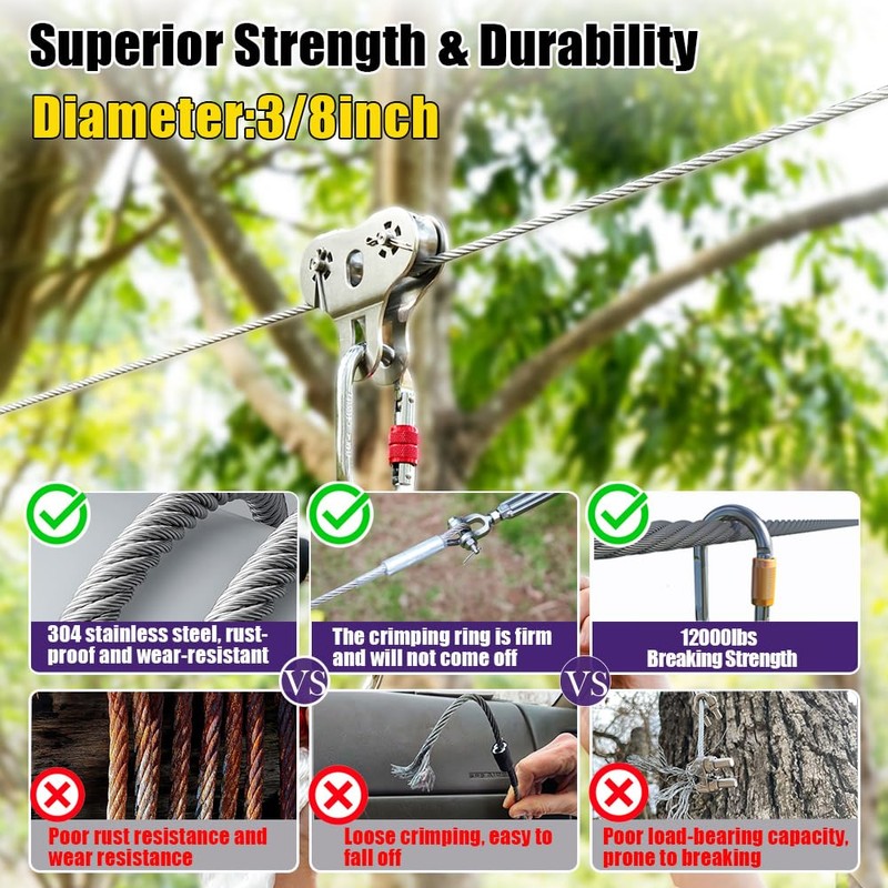 3/8" Stainless Steel Cable, 25FT Wire Rope, 7X 19 Strands