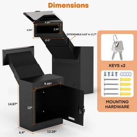 Metateel Through-The-Wall Drop Box with Rainproof Slots, 12.28''x6.4''x14.87'', Heavy Duty Steel Mailbox with Key Lock and 6.63"-11.7" Adjustable Chute, for Mail, Checks, Letters, Cash (Black)