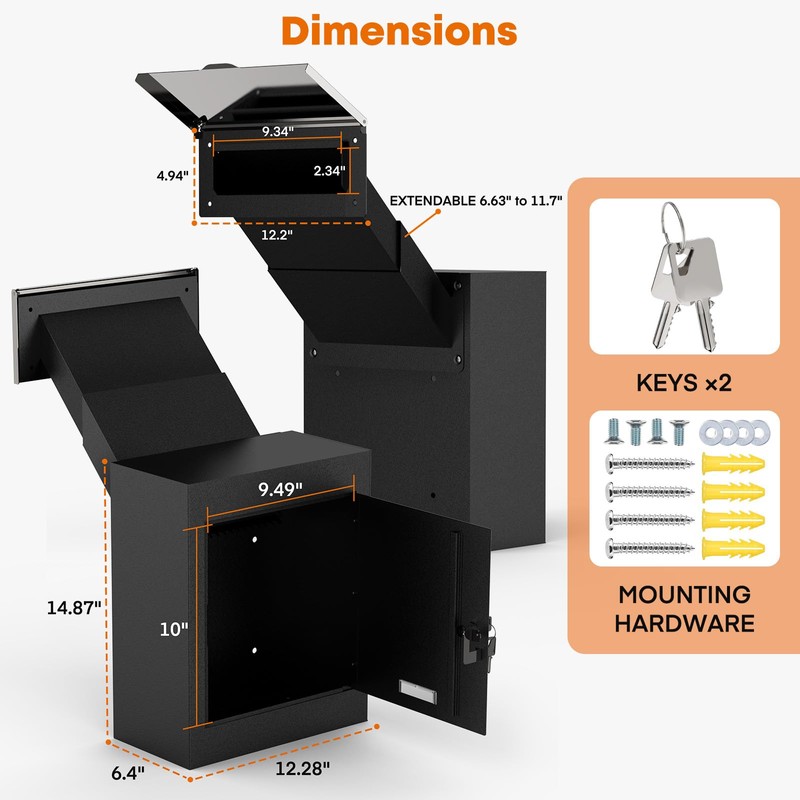 Metateel Through-The-Wall Drop Box with Rainproof Slots, 12.28''x6.4''x14.87'', Heavy Duty