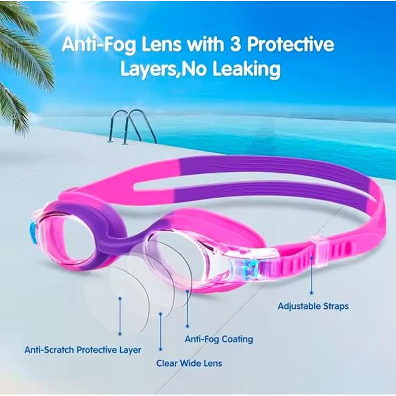 Kids Swim Goggles - Anti-fog lense, Attractive Colors, Unisex, Polycarbonate