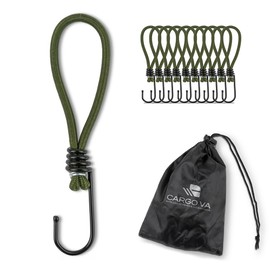 CargoVA® – 10 Bungees with Hooks and Practical Bag – Expander Hooks for Tarpaulins and Nets Olive Green – 15 cm [Pack of 10]