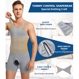 IFKODEI Men Shapewear Tummy Control Bodysuit Waist Trainer Full Body Shaper Fajas Compression Shirts Shorts Slim Belly Grey