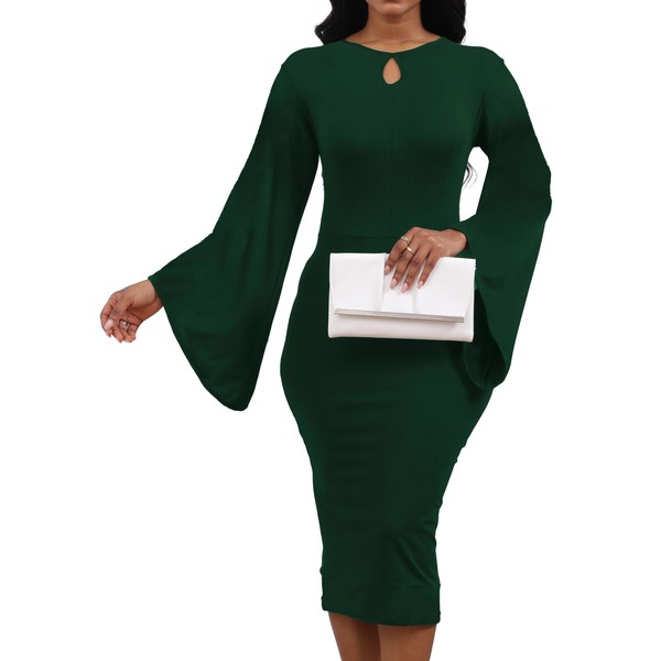 SeNight Women Elegant Church Dress Bodycon Business Work Long Sleeve