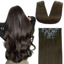 FUOTONBUTY Clip in Hair Extensions Real Human Hair 7 pcs Medium Brown Double Stitched Seamless Remy Human Hair Extensions Clip ins for Women