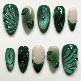 24pcs Green Press on Nails Medium Almond Fake Nails with 3D Leaf Water Drop Designs French Tip False Nails Glitter Glue on Nails Star Acrylic Nails Kit Full Cover Glue On Nails for Women