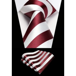 HISDERN Men's Tie Striped Wedding Tie & Pocket Square Set, red/white