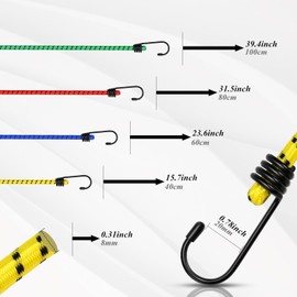 Elastic Bungee Cords - 4 Lengths: 40 cm, 60 cm, 80 cm & 100 cm-Steel Hooks with PVC Coating-Stretchable & Tear-Resistant-for All Types of Load securing/Elastic Bungee Straps with 2 Hooks (Color)