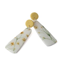Yellow Drop Earrings for Women with Floral Print Design, Unique Geometric Statement Clay Jewellery Gifts for Her under 15